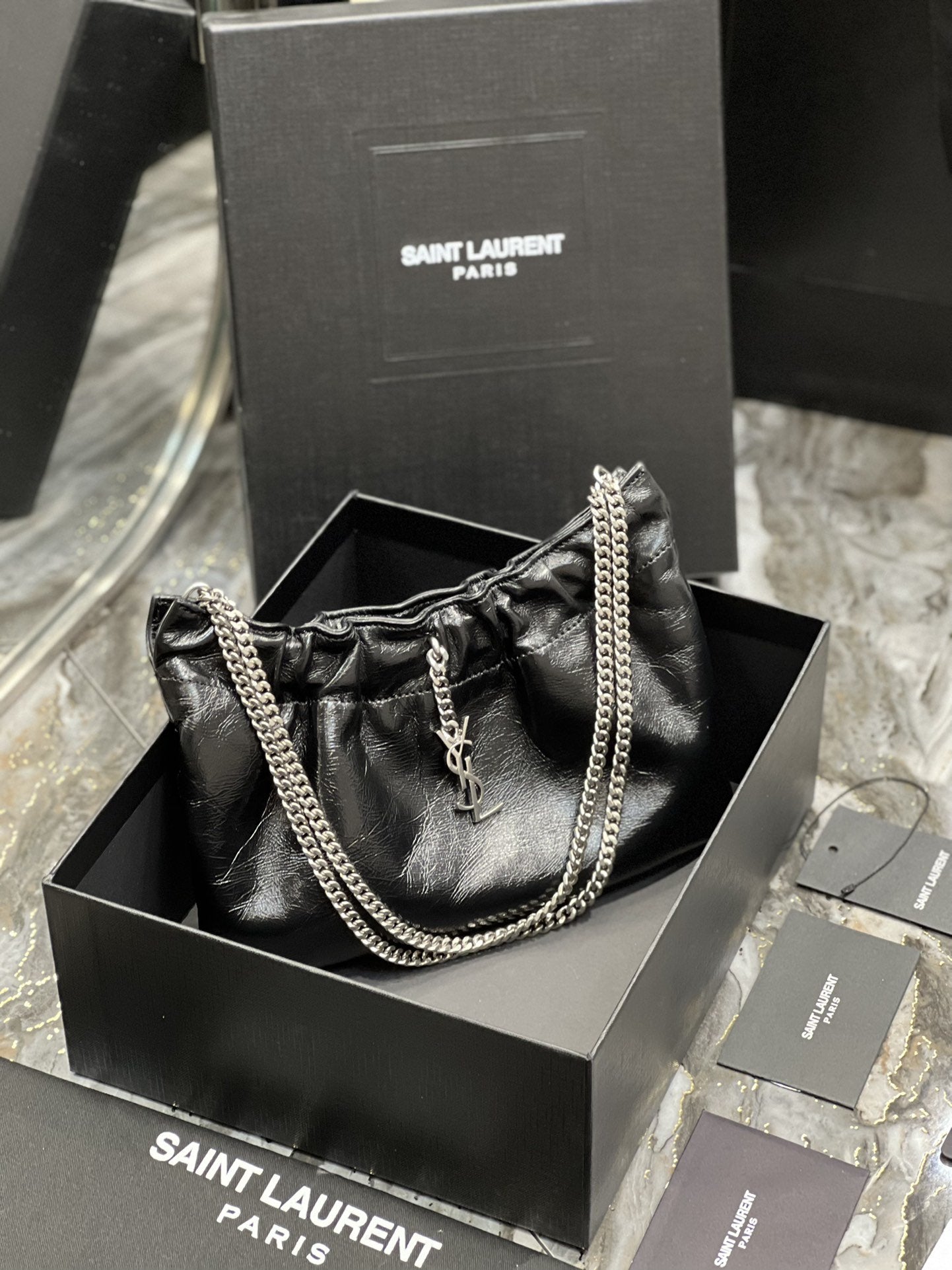 YSSL Hobo Mini Bag Black With Silver Hardware For Women 9.4in/24cm YSl