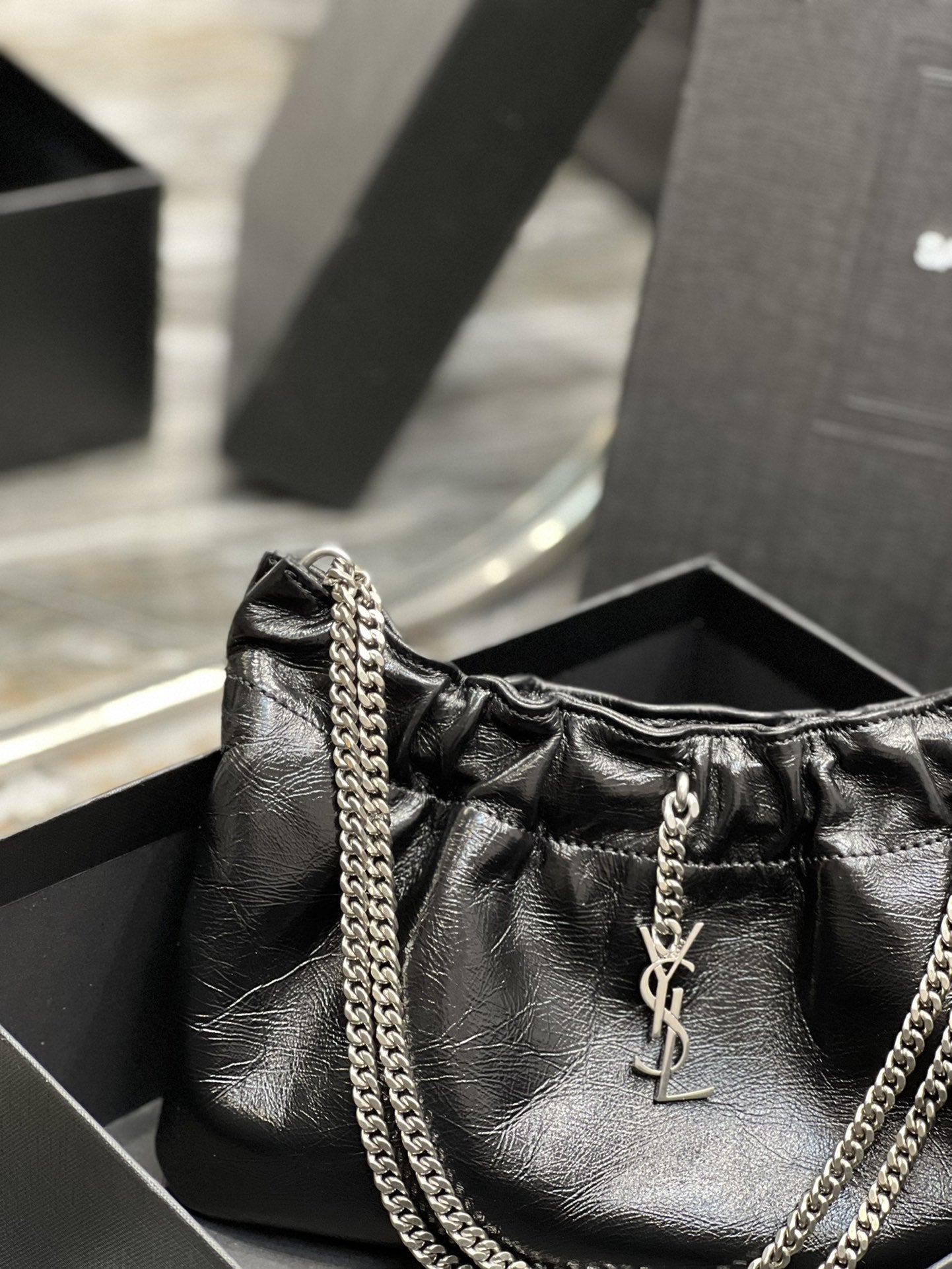 YSSL Hobo Mini Bag Black With Silver Hardware For Women 9.4in/24cm YSl