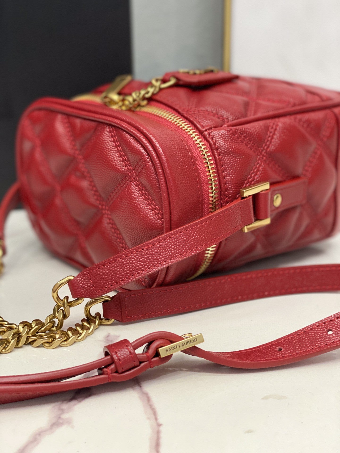 YSSL 80&#8217;s Vanity Bag In Carré-Quilted Grain De Poudre Red For Women 6.4in/16.5cm YSL 649779DME276805