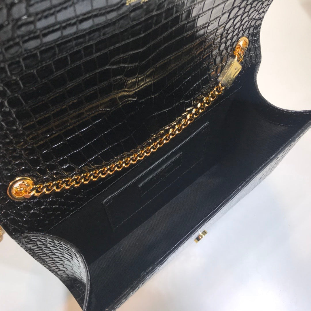 YSSL Kate Medium Chain Bag With Tassel In Embossed Crocodile Black For Women 9.4in/24cm YSL 354119DND0J1000