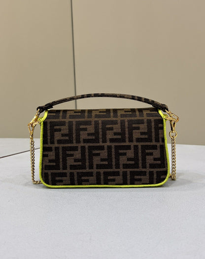 FI Baguette Small Brown Fabric Yellow Border Bag For Woman 18cm/7in