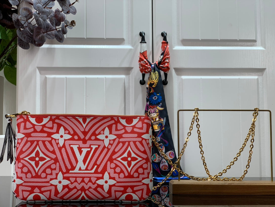 LV LV Crafty Double Zip Pochette Monogram Canvas Red/White For Women,  Shoulder And Crossbody Bags 7.9in/20cm LV